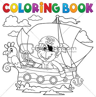 Coloring book boat with pirate monkey