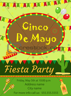 Cinco de Mayo invitation template, flyer. Mexican holiday postcard. Vector illustration.