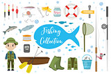 Fishing icon set, flat, cartoon style. Fishery collection objects, design elements, isolated on white background. Fisherman s tools with a fishing rod, tackle, bait, boat. Vector ilustration, clipart