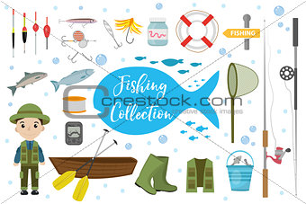 Fishing icon set, flat, cartoon style. Fishery collection objects, design elements, isolated on white background. Fisherman s tools with a fishing rod, tackle, bait, boat. Vector ilustration, clipart