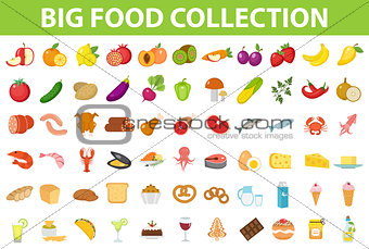 Big set icons food, flat style. Fruits, vegetables, meat, fish, bread, milk, sweets. Meal icon isolated on white background. Ingredients collection. Vector illustration.