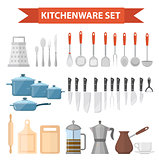 Cookware set icons, flat style. Kitchen utensils set isolated on white background. Cooking tools and kitchenware equipment. Vector illustration
