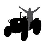 Successful happy farmer on tractor with hands up
