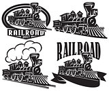 Set of vector logo in vintage style with locomotives. Emblems, labels, badges or patterns on a retro railroad theme