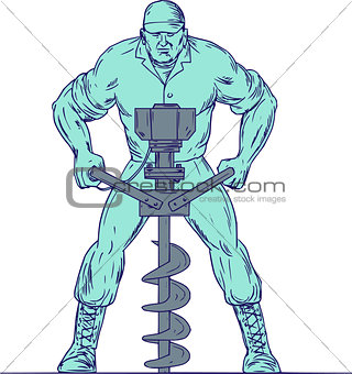 Construction Worker Earth Auger Boring Hole Drawing