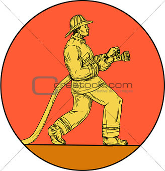 Fireman Firefighter Holding Fire Hose Circle Drawing