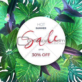 Green botanical summer tropical sale flyer with palm leaves and exotic purple flowers. Vector floral template.