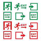 Emergency exit sign, warning icons vector set in green and red