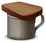Metal war mug with water and piece of gray bread. Symbol of memory of dead