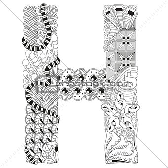 Letter H for coloring. Vector decorative zentangle object