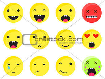 Yellow round smile emoji set. Emoticon icon flat style vector.