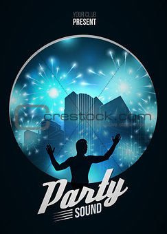 Party Dance Poster Background Template with DJ silhouette on blue urban  - Vector Illustration