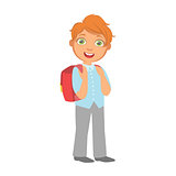 Happy little schoolboy carrying red backpack, a colorful character isolated on a white background