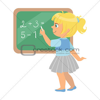 Cute little schoolgirl standing near the blackboard and writing mathematical examples, a colorful character isolated on a white background
