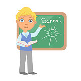 Schoolboy standing near the blackboard and writing, a colorful character isolated on a white background