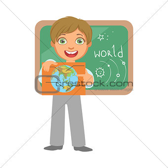 Smiling schoolboy with globe at the black chalkboard in classroom, a colorful character isolated on a white background