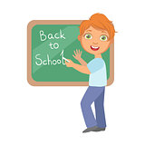 Elementary school student writing text Back to School on the blackboard, a colorful character isolated on a white background