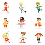 Small Kids Playing Sportive Games And Enjoying Different Sports Exercises Outdoors And In Gym Set Of Cartoon Illustrations
