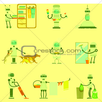Housekeeping Household Robot Doing Home Cleanup And Other Duties Set Of Futuristic Illustration With Servant Android