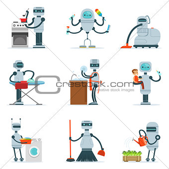 Housekeeping Household Robot Doing Home Cleanup And Other Duties Series Of Futuristic Illustration With Servant Android