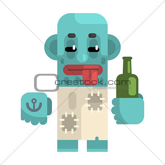 Drunk Alcoholic With Blue Skin Holding Wine Bottle, Revolting Homeless Person, Dreg Of Society, Pixelated Simplified Male Vagabond Character