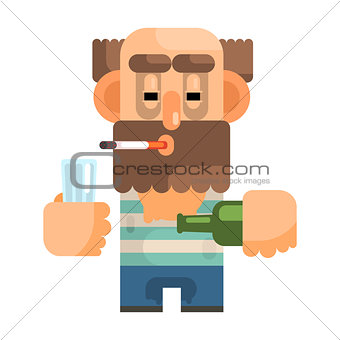 Alcoholic With Glass And Bottle, Revolting Homeless Person, Dreg Of Society, Pixelated Simplified Male Vagabond Character