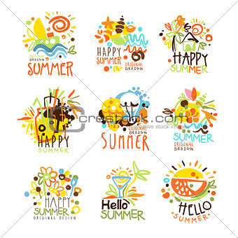 Happy Summer Vacation Sunny Colorful Graphic Design Template Logo Set, Hand Drawn Vector Stencils