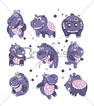 Stylized Hippo With Polka-Dotted Pattern Set Of Childish Stickers Or Prints Of Friendly Toy Animal In Violet And Blue Color