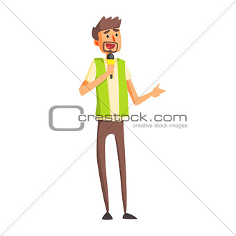 Journalist In Green Vest Asking Quesion On Press Conference, Official Press Reporter Working, Collecting Information And Making News, Part Of Journalism Set Of Illustrations