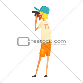 Videographer Journalist Shooting Video, Official Press Reporter Working, Collecting Information And Making News, Part Of Journalism Set Of Illustrations