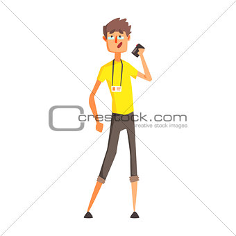 Journalist With Dictophone, Official Press Reporter Working, Collecting Information And Making News, Part Of Journalism Set Of Illustrations