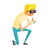 Guy Journalist In Shades Writing Down, Official Press Reporter Working, Collecting Information And Making News, Part Of Journalism Set Of Illustrations
