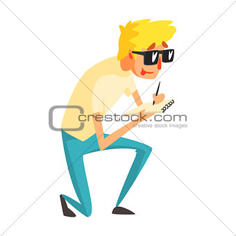 Guy Journalist In Shades Writing Down, Official Press Reporter Working, Collecting Information And Making News, Part Of Journalism Set Of Illustrations