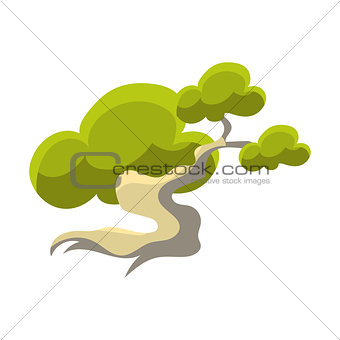 Green Tree With White Trunk Bonsai Miniature Traditional Japanese Garden Landscape Element Vector Illustration