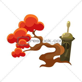 Red Tree And Stupa Tomb, Bonsai Miniature Traditional Japanese Garden Landscape Element Vector Illustration
