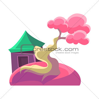 Pink Tree And Building, Bonsai Miniature Traditional Japanese Garden Landscape Element Vector Illustration
