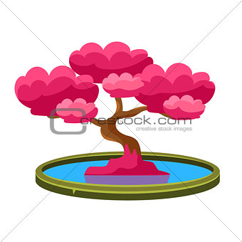 Pink Tree Growing In Pond Bonsai Miniature Traditional Japanese Garden Landscape Element Vector Illustration