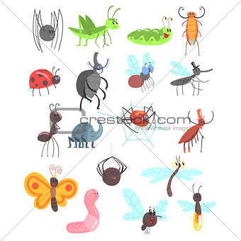 Cute Friendly Insects Set With Cartoon Bugs, Beetles, Flies, Spiders And Other Small Animals