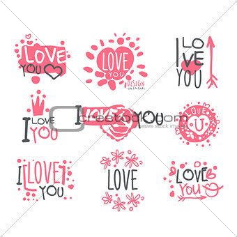 Romantic I Love You Message For St Valentines Day Postcard, Colorful Graphic Design Template Logo Set, Hand Drawn Vector Stencils