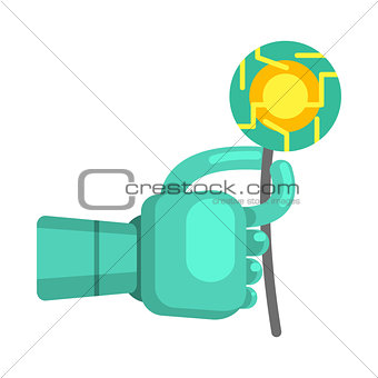 Metal Android Hand Holding Electronic Flower, Part Of Futuristic Robotic And IT Science Series Of Cartoon Icons