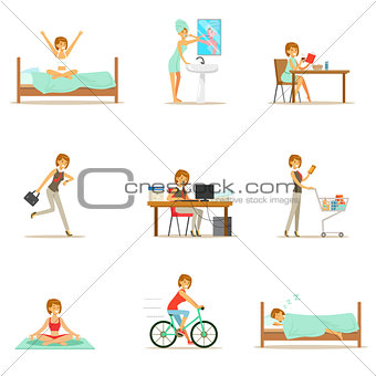 Modern Woman Daily Routine From Morning To Evening Series Of Cartoon Illustrations With Happy Character