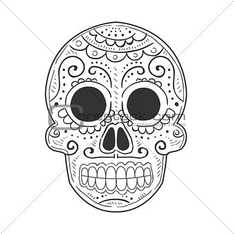 Traditional Mexican Painted Scull, Dia De Muertos Holiday Symbol In Sketch Style In Black And White Color.