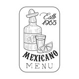 Restaurant Mexican Food Menu Promo Sign In Sketch Style With Tequila Bottle And Establishment Date In Square Frame , Design Label Black And White Template
