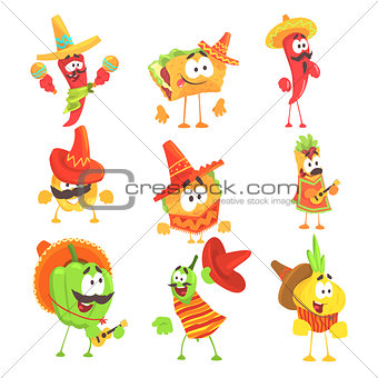 Mexican Food And Vegetables Series OF Cool Cartoon Characters In National Clothes With Guitars And Maracas, Smiling And Dancing