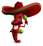 Red hot chili peppers in Mexican hat sombrero dancing maracas