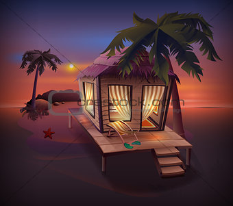 Night tropical island. Straw hut among palm trees on ocean shore