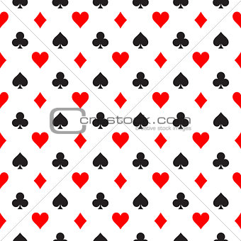 Seamless pattern background of poker suits - hearts, clubs, spades and diamonds - arranged in the rows on white background. Casino gambling theme vector illustration