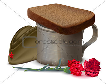 War mug with water, bread, red carnation flower and military cap. Symbol of memory of dead