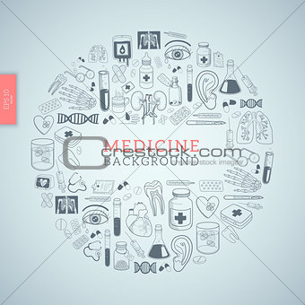 Medicine icons in round frame.
