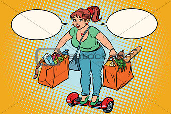 Young woman with grocery shopping on gyrometer
